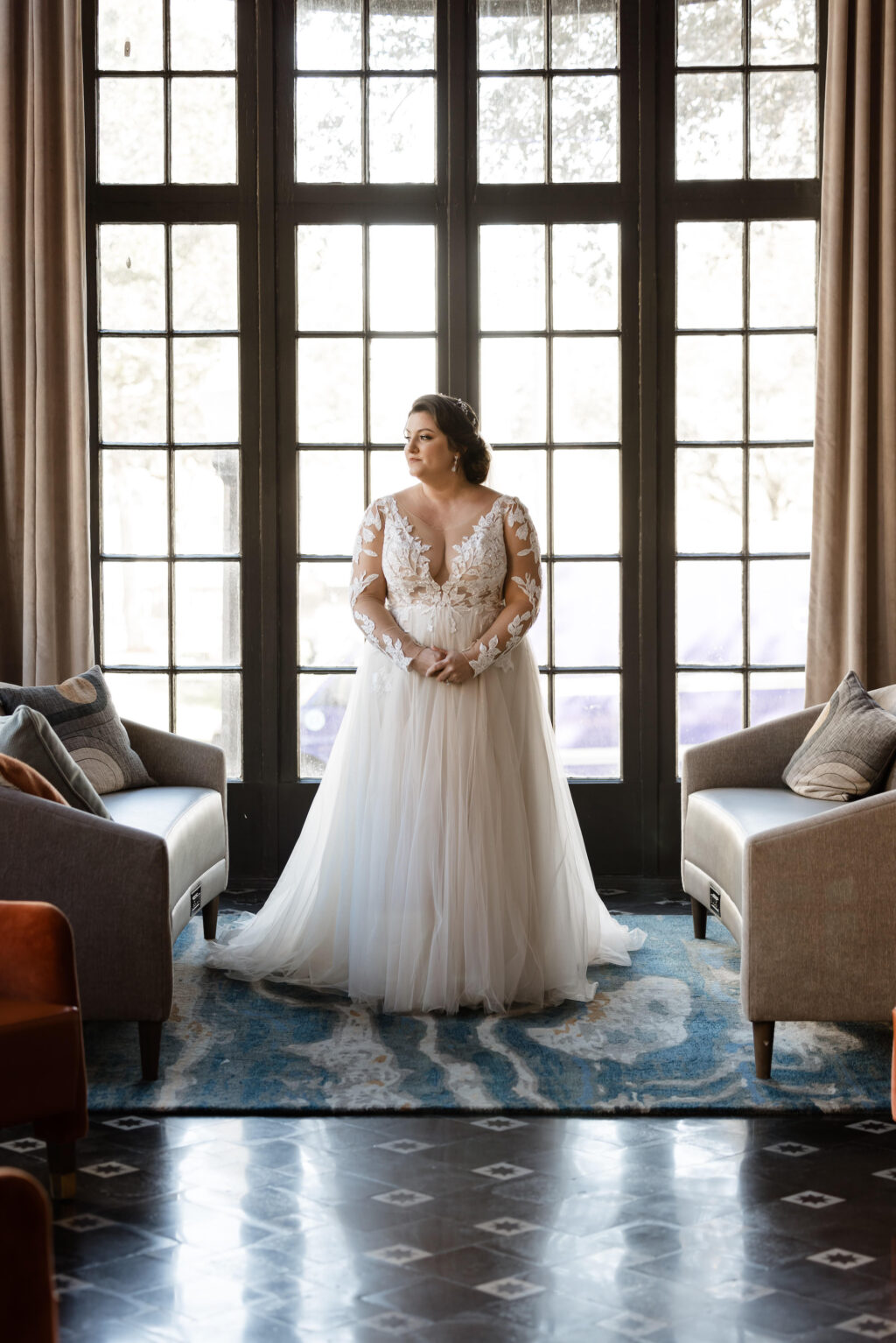 Bride Getting Ready | Lace and Tulle, White and Nude Long Sleeve Illusion A-Line Deep V-neckline Wedding Dress Inspiration | Lakeland Photographer Garry and Stacy Photography