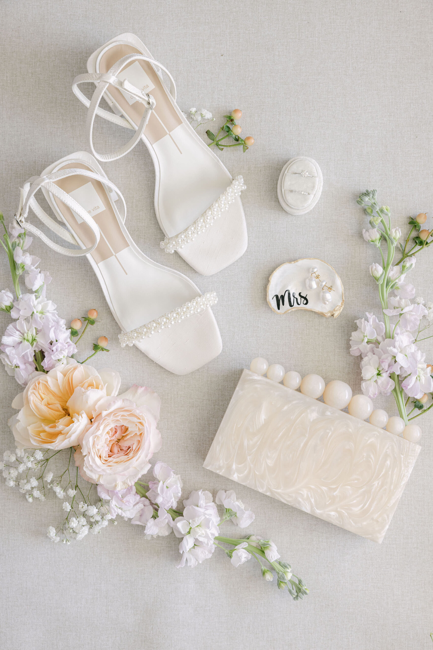 Bridal Accessories | Cream Marble Acrylic Box Clutch | Dolce Vita White Pearl Wedding Shoe