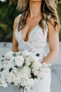 White Chiffon and Lace A-line Wedding Dress | White Anemone, Ranunculus, Hydrangeas, Blush Baby Roses, and Eucalyptus Bridal Bouquet | Tampa Bay Boutique Truly Forever Bridal