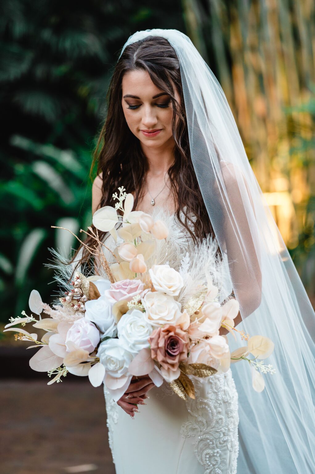 Glam Bridal Portrait with Boho Bridal Bouquet Mix of Dried and Live Florals in Blush and Beige Roses Inspiration | St. Pete Wedding Photographer and Videographer Iyrus Weddings