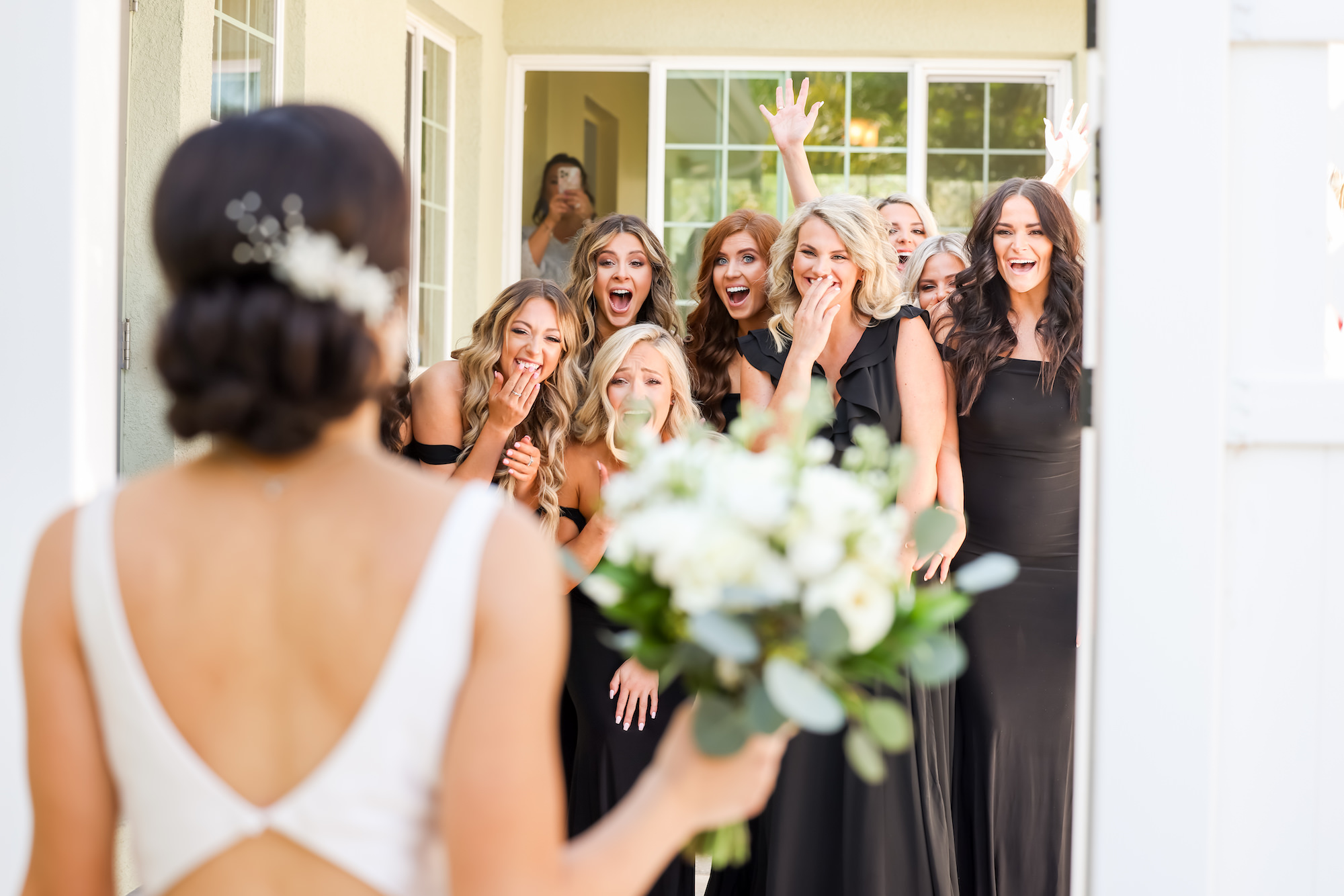 Bridal First Look with Bridesmaids in Black Floor Length Dresses Wedding Portrait