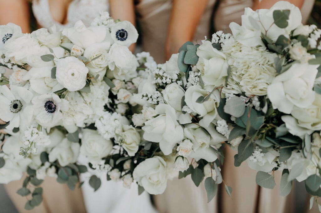 White Anemone, Ranunculus, Hydrangeas, Blush Baby Roses, and Eucalyptus Wedding Bouquet Inspiration