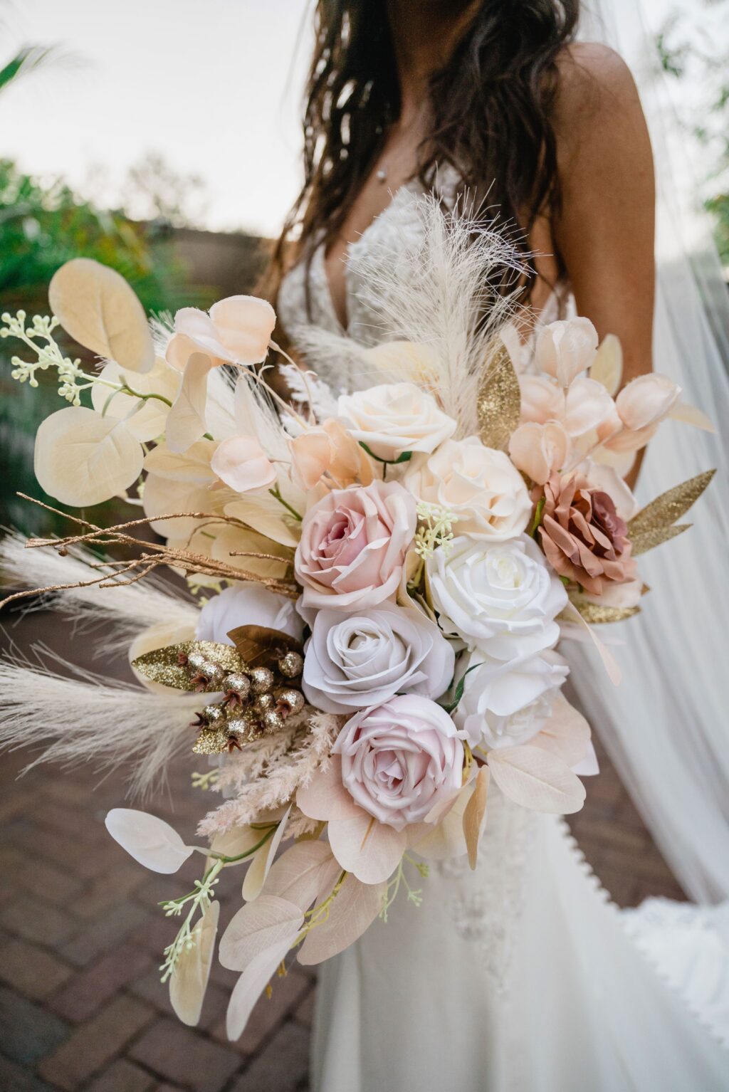 Mix of Dried and Live Florals in Blush and Beige Roses Boho Bridal Wedding Bouquet Inspiration