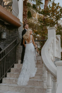 Bride and Groom Wedding Portrait | Bride in Lace Illusion Back Long Train Wedding Dress