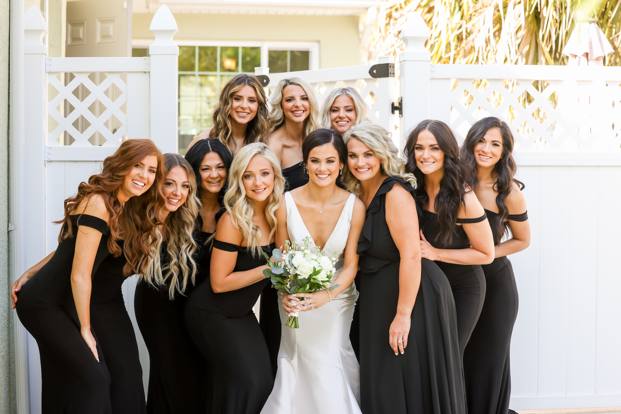 Bride and Bridesmaids in Black Floor Length Dresses Wedding Portrait