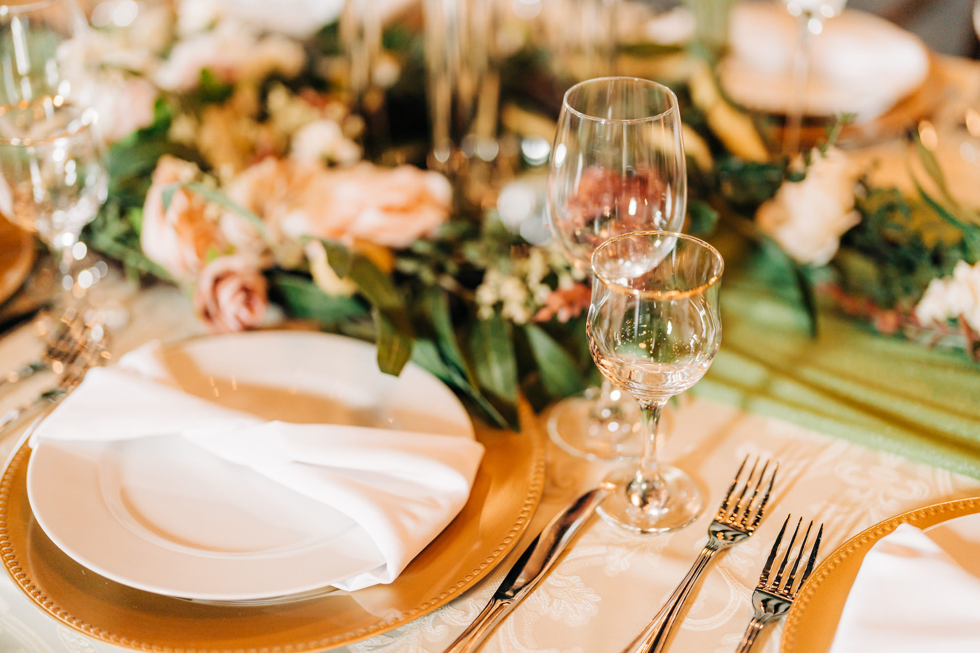 Gold Chargers and Flatware Table Setting Ideas | Elegant Wedding Tablescape Inspiration | Tampa Bay Rental Elite Events Catering