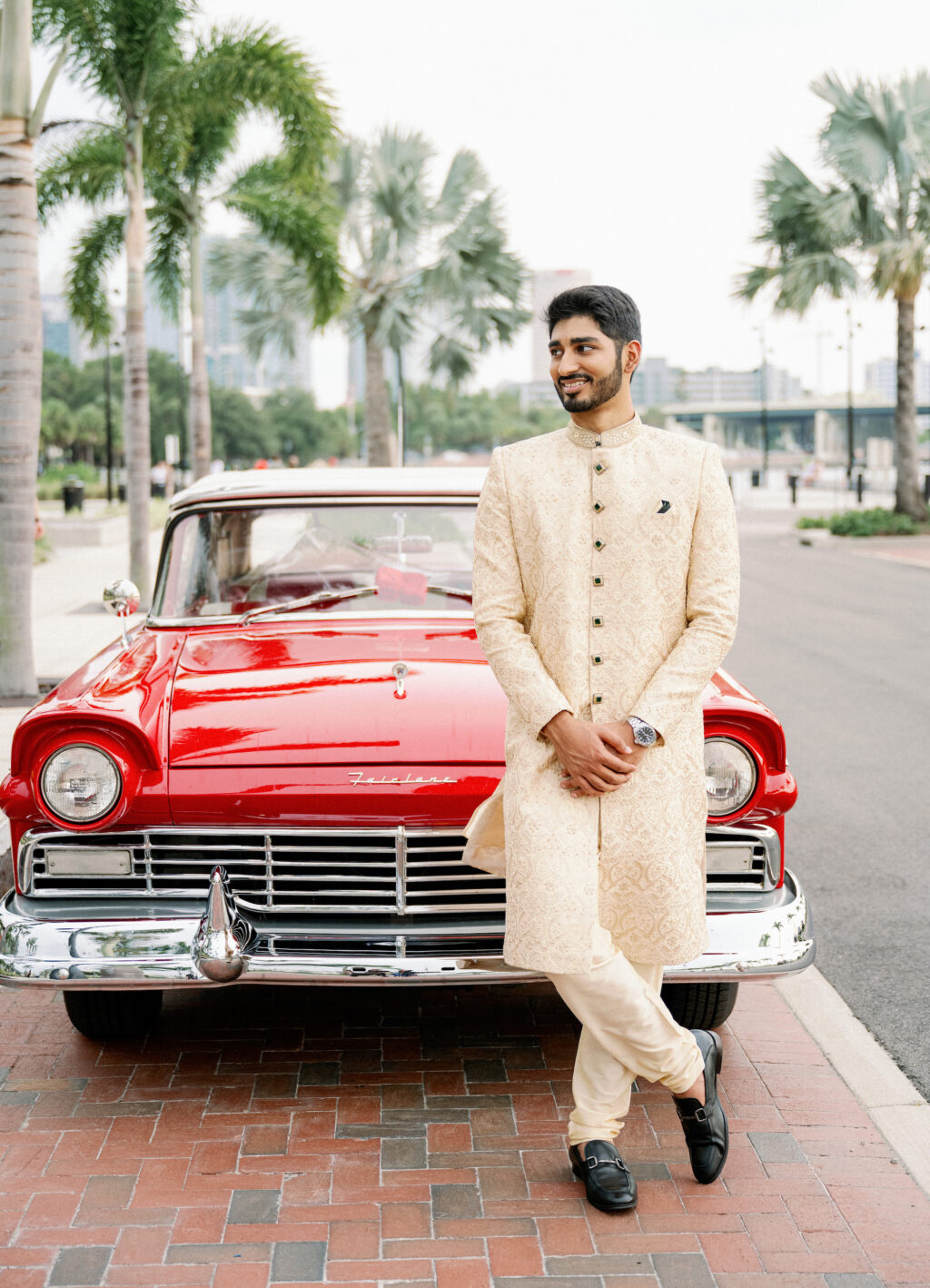 Classical Car Wedding Transportation Ideas | Beige Groom's Sherwani