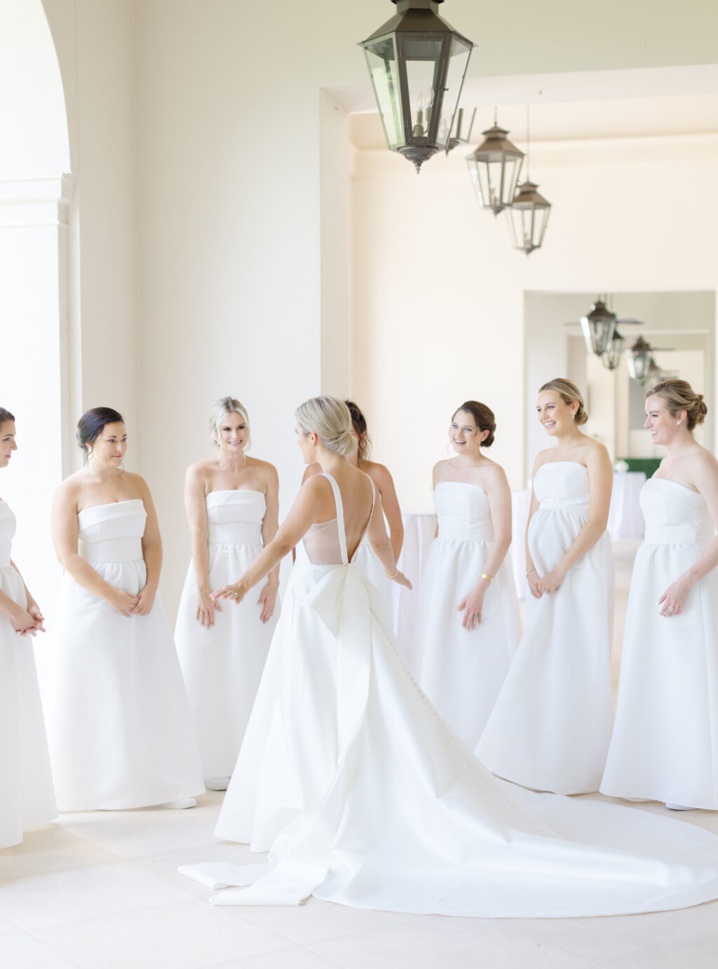 All-White Amsale Bella Bridesmaids Strapless Dress Ideas
