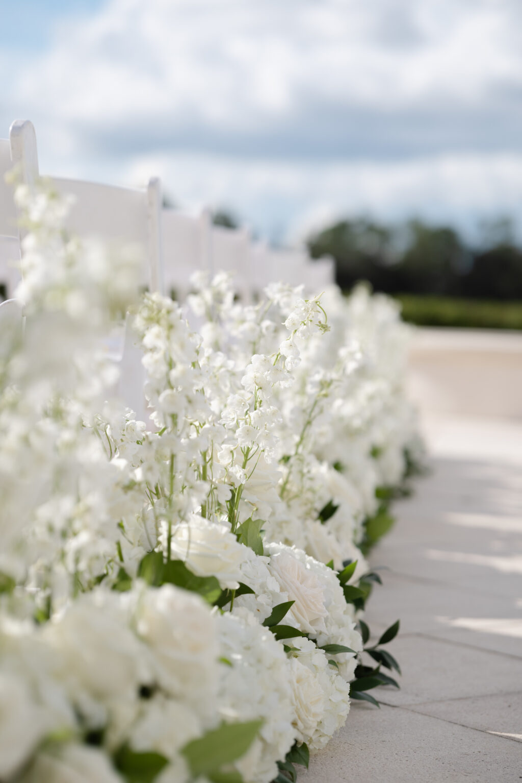 White Stock and Hydrangea Wedding Ceremony Flower Aisle Decor Inspiration