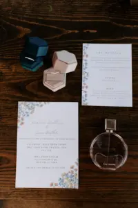 Floral Detailed Wedding Invitations with Jewel Toned Ring Boxes and Perfume Inspiration | Garden Party Themed Wedding Tampa Planner Stephany Perry Events