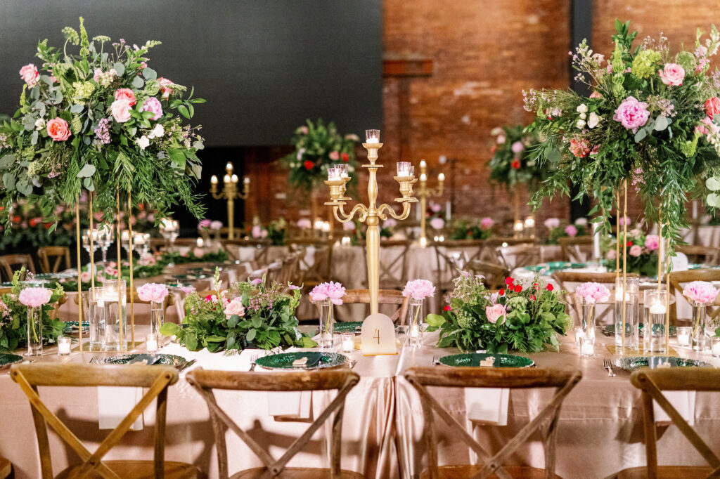 Arched Table Number Ideas | Gold Candelabra | Tall Flower Stands with Roses and Greenery Wedding Reception Centerpiece Ideas | Emerald Chargers