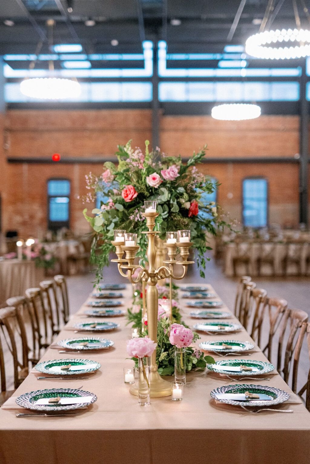 Long Feasting Tables with Gold Candelabras and Tall Flower Stand Centerpieces with Eucalyptus, Pink and Red Roses Inspiration | Tampa Bay Rentals A Chair Affair