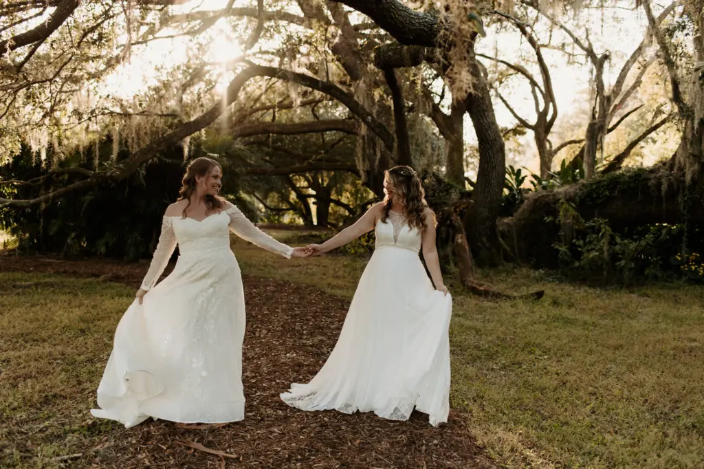 Same Sex Couple First Look Bridal Portraits at Garden Wedding Venue | Tampa Wedding Venue Mill Pond Estate | Planner Stephany Perry Events