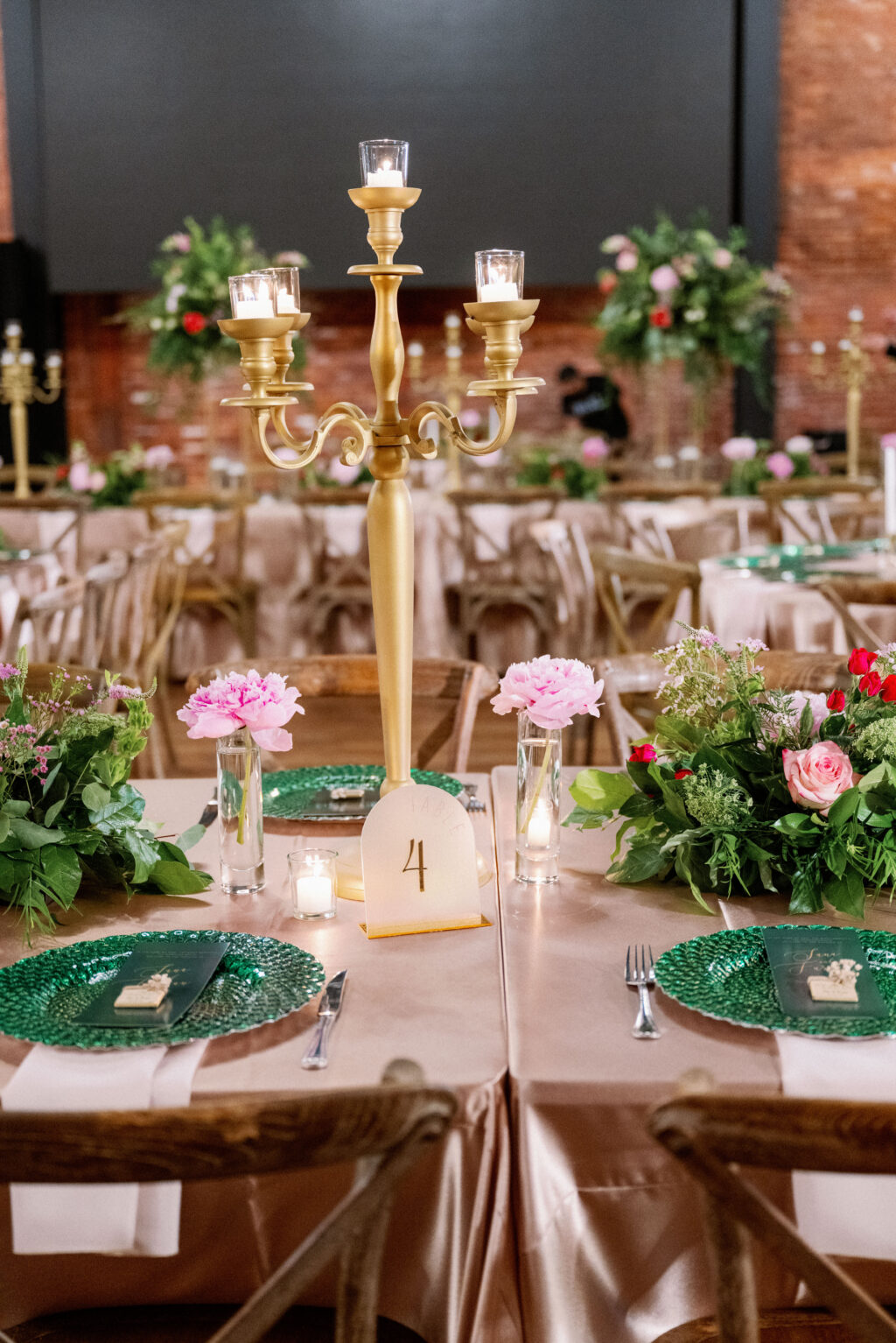 Arched Table Number Ideas | Gold Candelabra | Pink Flower Wedding Reception Centerpieces | Emerald Green Chargers