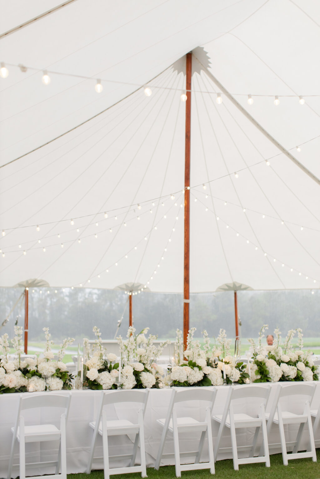 White Stock, Garden Roses, and Hydrangeas Feasting Table Centerpieces | Sailcloth Tent | Timeless Wedding Reception Inspiration | Sarasota Venue The Concession Golf Club