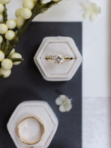 Hexagon Ring Box | Round Solitaire Gold Diamond Engagement Ring | Gold Wedding Band Inspiration