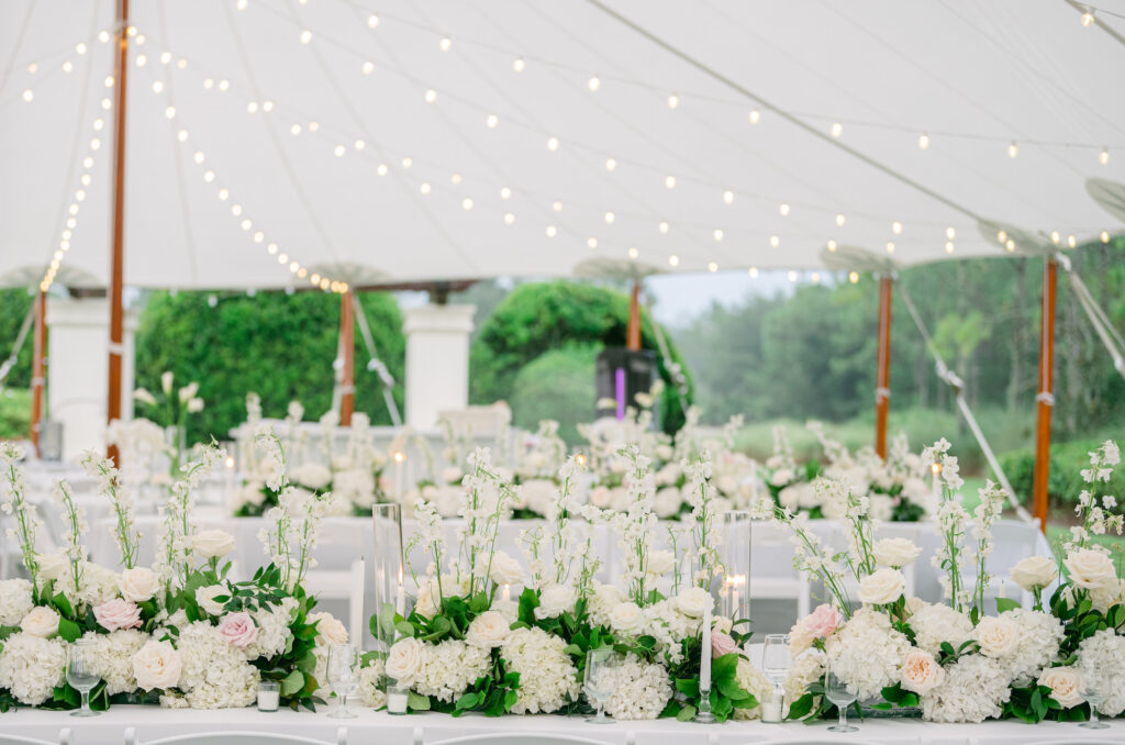 Classic White Stock, Garden Roses, and Hydrangeas Feasting Table Centerpieces | Timeless Wedding Reception Inspiration | Tampa Bay Venue The Concession Golf Club