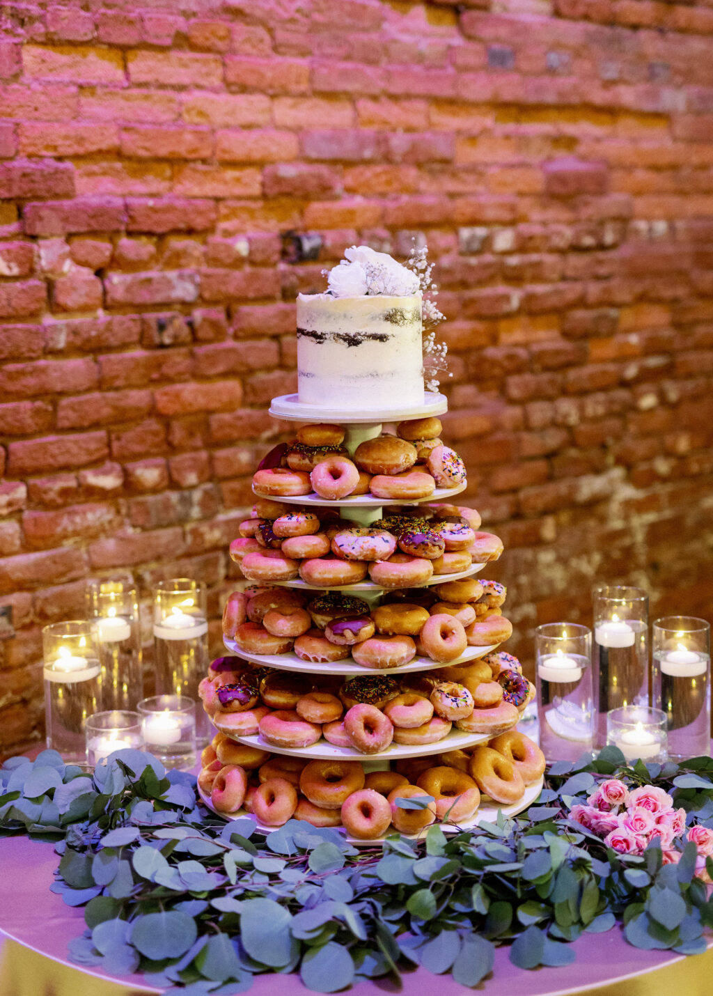 Wedding Reception Donuts Desserts | Cake Alternatives Ideas | Single Tear Semi-naked Wedding Cake | Eucalyptus Table Decor Inspiration