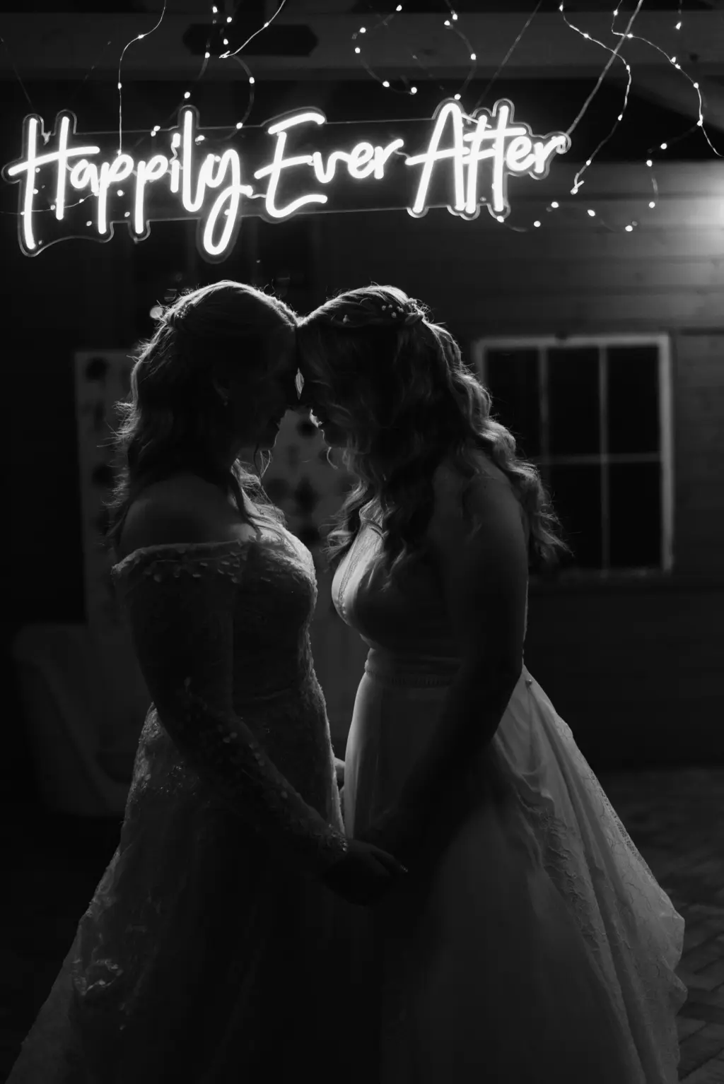 Black and White Wedding Portrait Same Sex Couple with Neon Marry Me Sign | Tampa Wedding Venue Mill Pond Estate | Planner Stephany Perry Events