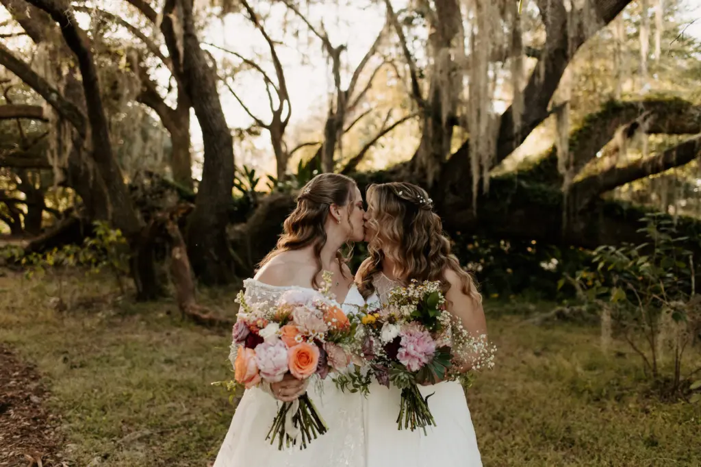 Same Sex Couple First Look Bridal Portraits at Garden Wedding Venue | Tampa Wedding Venue Mill Pond Estate | Planner Stephany Perry Events