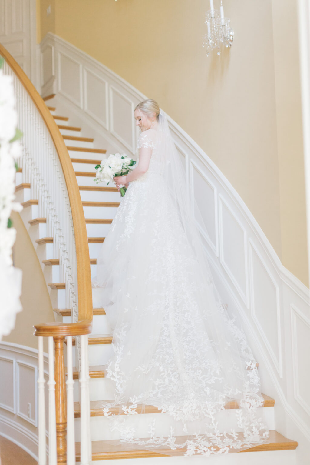 White Strapless A-Line Jenny Yoo Wedding Dress with Matching Sheer Bridal Overshirt and Cathedral Veil Inspiration | Boutique Bella Bridesmaids Tampa