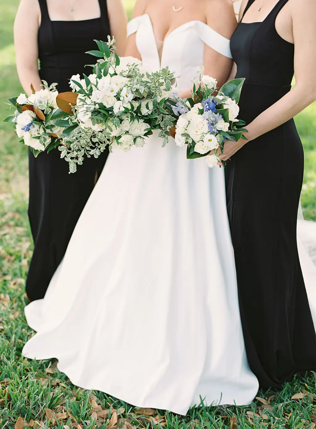 White Roses, Blue Stock Flowers, and Greenery for Classic Wedding Bouquets Ideas | Tampa Bay Florist Save The Date Florida