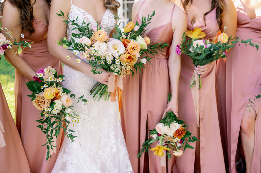 Dusty Pink Fall Garden Wedding Inspiration | Orange and White Roses, Asters, Tulips, and Greenery Wedding Bouquets