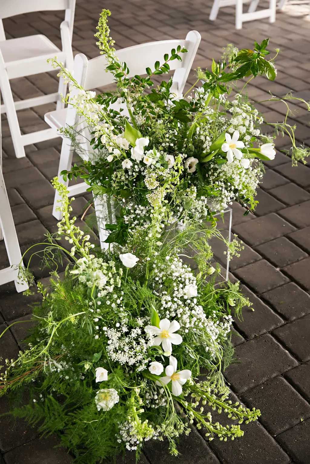 White Wildflowers and Greenery Flower Arrangement for Wedding Ceremony Aisle Inspiration