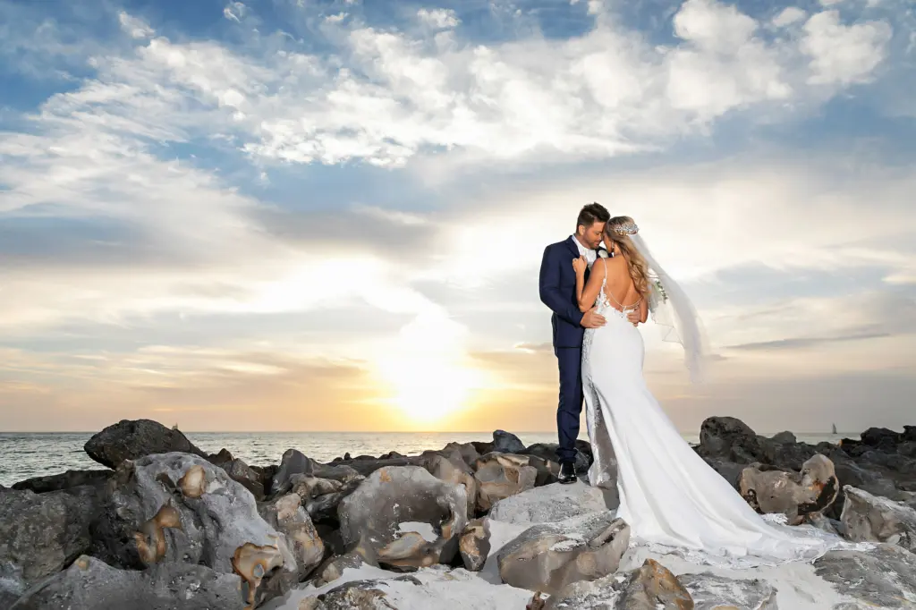 Bride and Groom Clearwater Beach Sunset Wedding Portrait | Tampa Photographer Limelight Photography