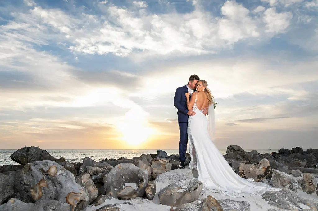 Bride and Groom Clearwater Beach Sunset Wedding Portrait | Tampa Bay Photographer Limelight Photography