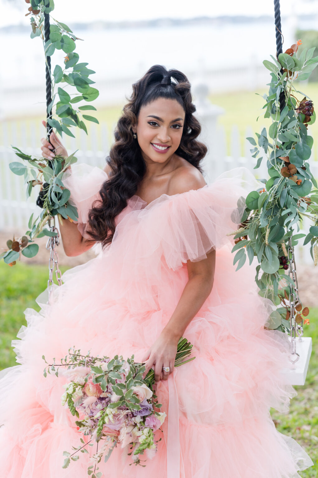 Off-the-shoulder Pink Layered Tulle Wedding Dress Inspiration | Swing Flower Arrangement | Pink and Orange Garden Roses with Greenery Bouquet Ideas | Tampa Bay Florist Save The Date Florida | Photographer Amanda Zabrocki Photography