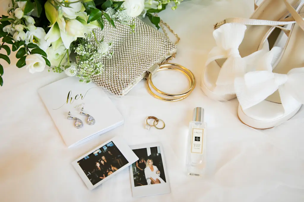Wedding Day Polaroid | Open-toe Bow Wedding Shoe | Wedding Scent Inspiration | White Her Vows Booklet