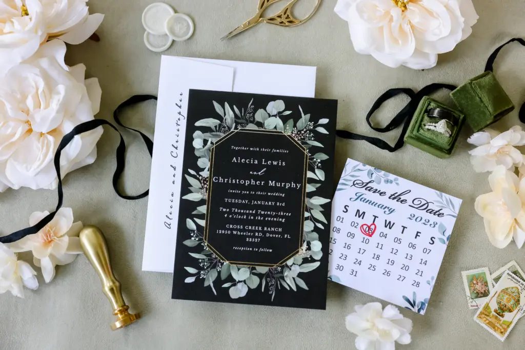 Moody Winter Black Wedding Invitation with Greenery Inspiration