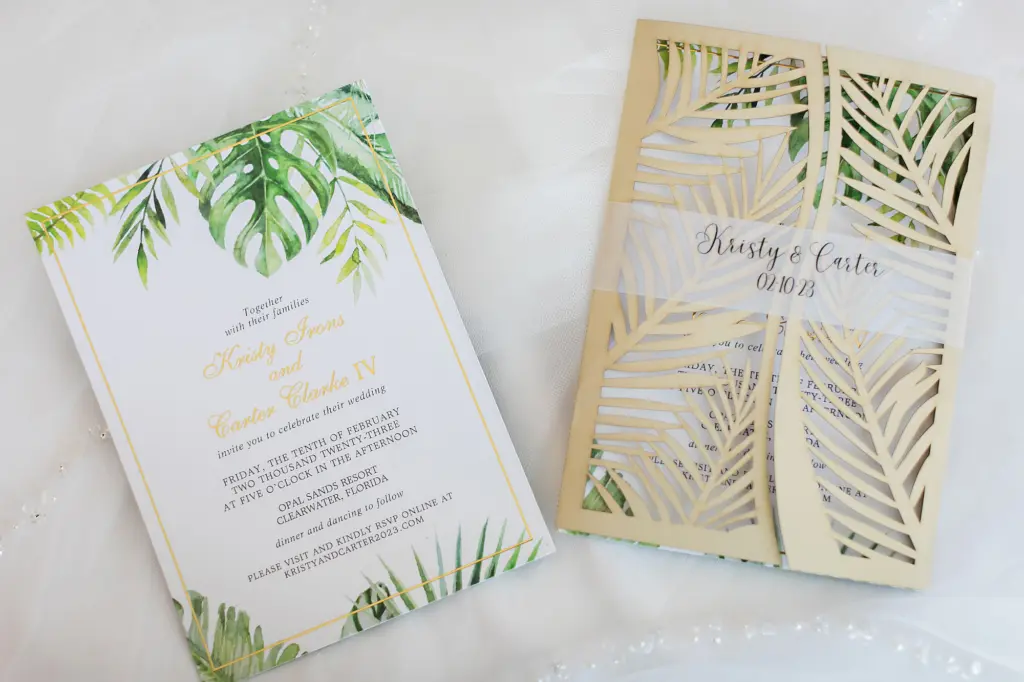 Tropical Gold and Green Wedding Invitation with Laser Cut Palm Leaf Gatefold