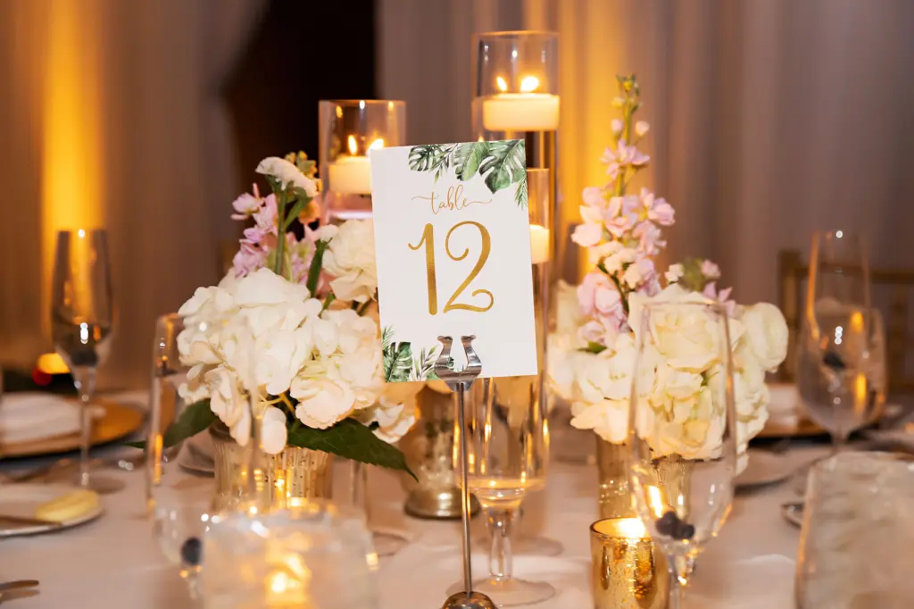 Tropical Wedding Reception Centerpiece and Table Number Card Inspiration