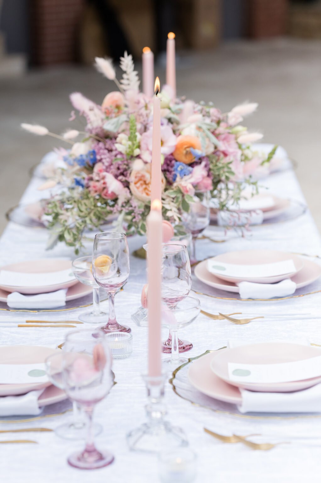 Whimsical Purple, Orange and Pink Roses, Blue Stock Flowers, and Greenery Wedding Reception Centerpiece Ideas | Tampa Bay Florist Save The Date Florida | Planner MDP Events | Photographer Amanda Zabrocki Photography