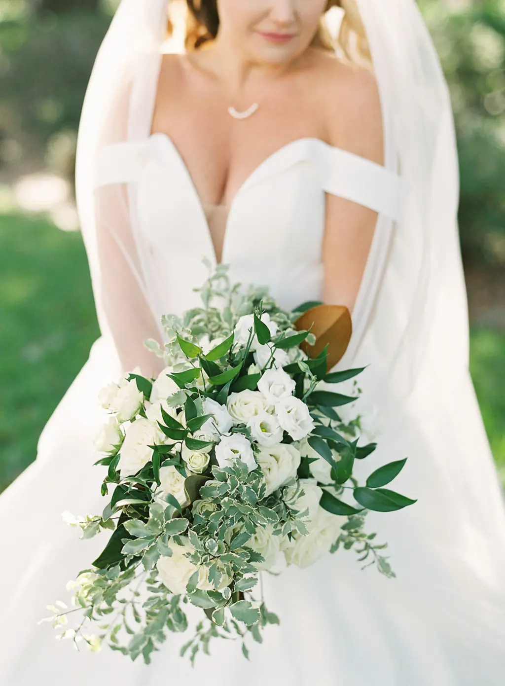 Cascading White Rose and Greenery Bridal Bouquet for Wedding Ceremony | Tampa Bay Florist Save the Date Florida
