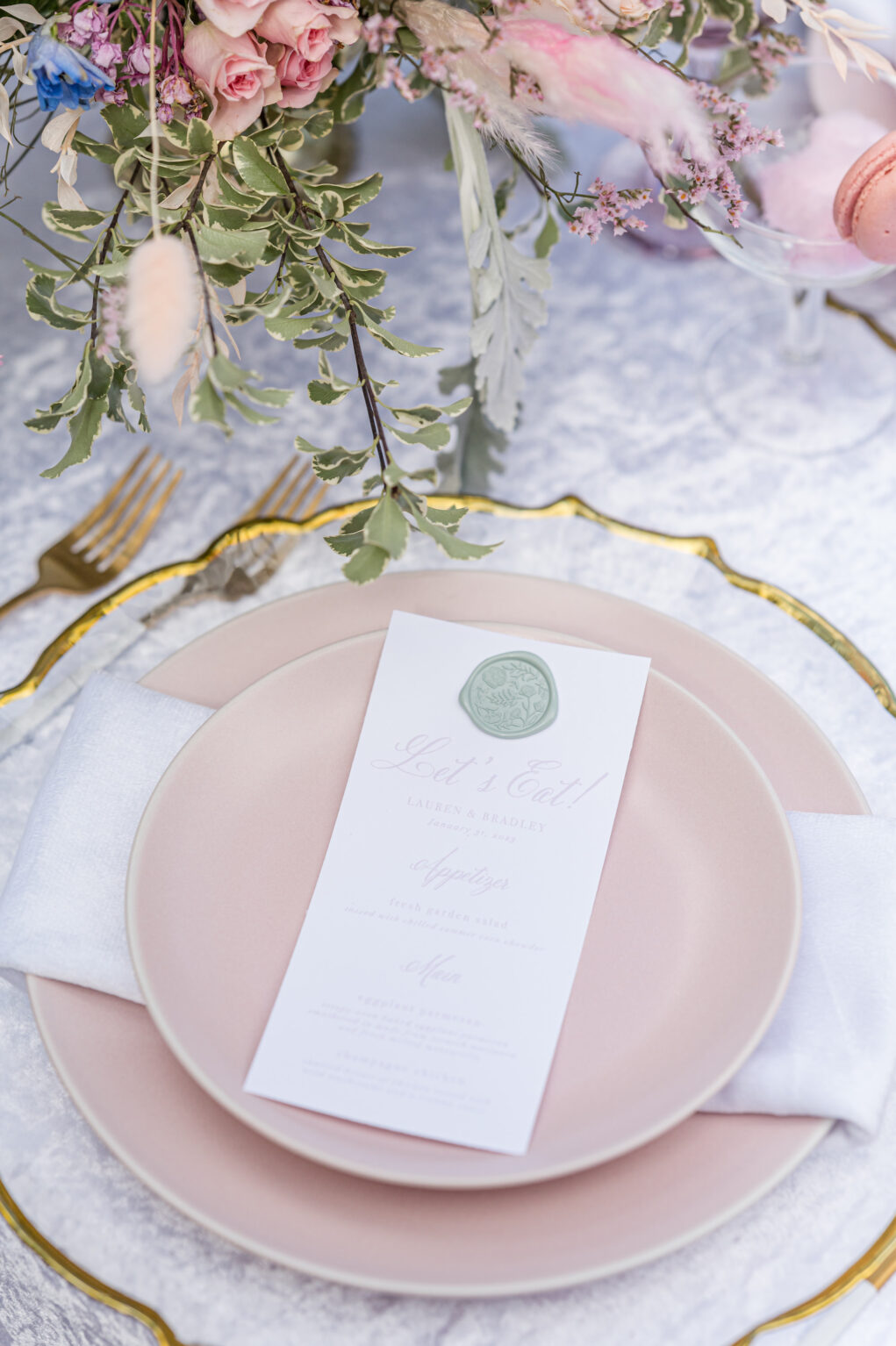 Spring Let's Eat Menu Card for Wedding Reception Inspiration with Blush Pink Plates