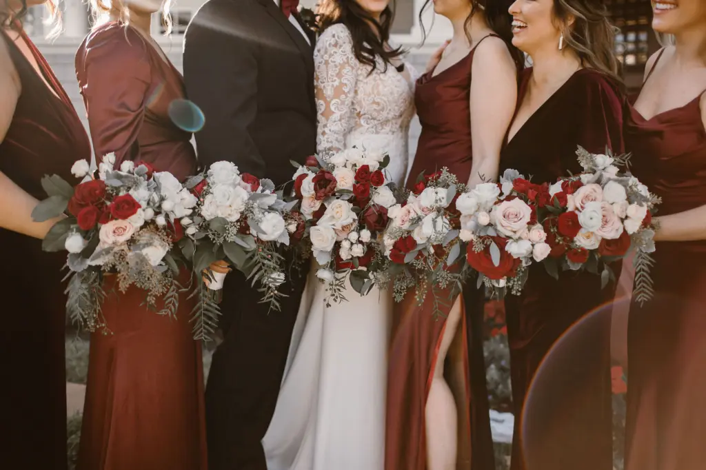 Fall Mismatching Burgundy Bridesmaid Wedding Dresses | White and Red Roses with Greenery Bouquet Inspiration