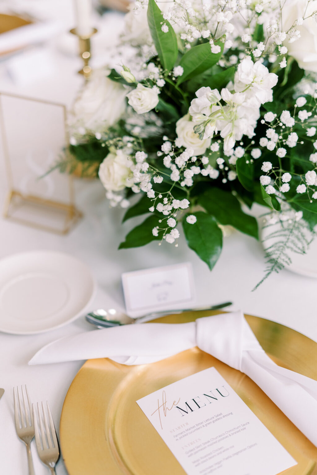White and Gold Wedding Reception Table Setting Inspiration | Baby's Breath, White Stock Flowers Centerpiece Inspiration | Ybor Planner Olive Tree Weddings