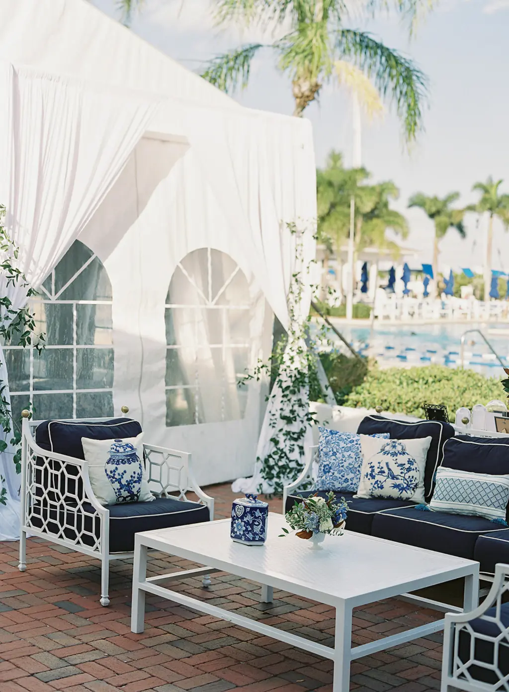 Elegant White and Navy Lounge Chairs for Cocktail Hour | Old Florida Wedding Reception Decor Inspiration