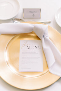 Gold Chargers | The Menu Cards | Knotted Napkin for Wedding Reception Table Setting Inspiration