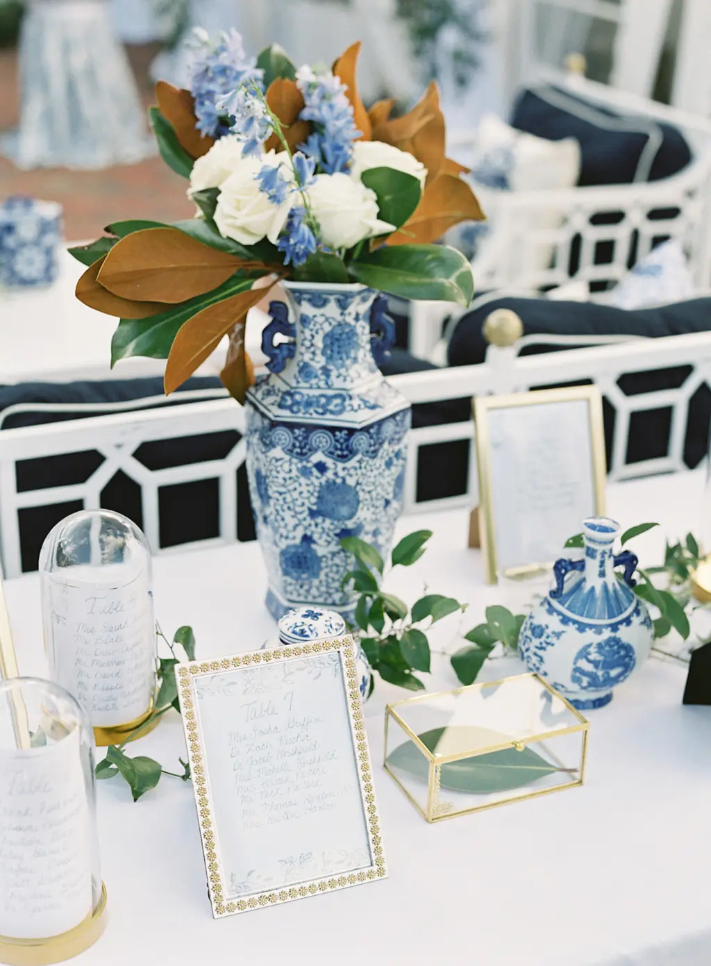Vintage Blue and White Vase | Gold Frame Table Seating Char | Old Florida Wedding Reception Decor Inspiration