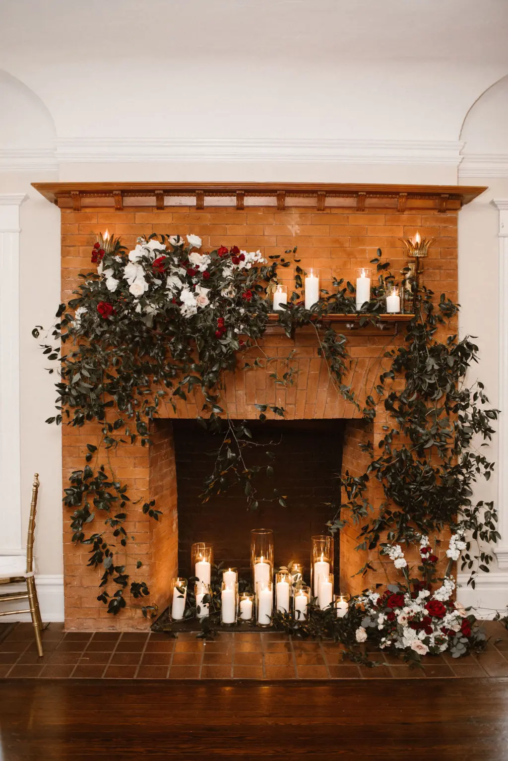 Candlelit Fireplace Decor for Wedding Reception