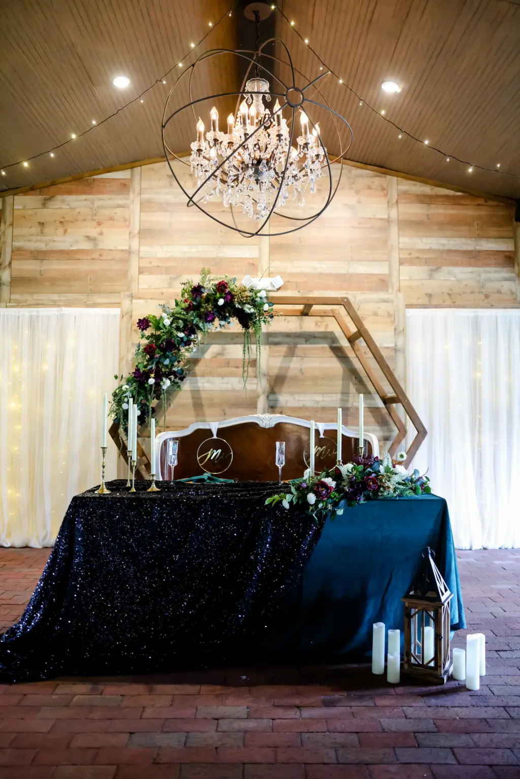 Emerald Green Rustic Wedding Reception Inspiration | Hexagon Wooden Arch Backdrop for Sweetheart Table