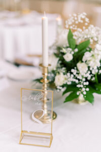 Gold Table Number Sign Ideas | Taper Candles and Gold Candle Holders | Green and White Wedding Reception Inspiration