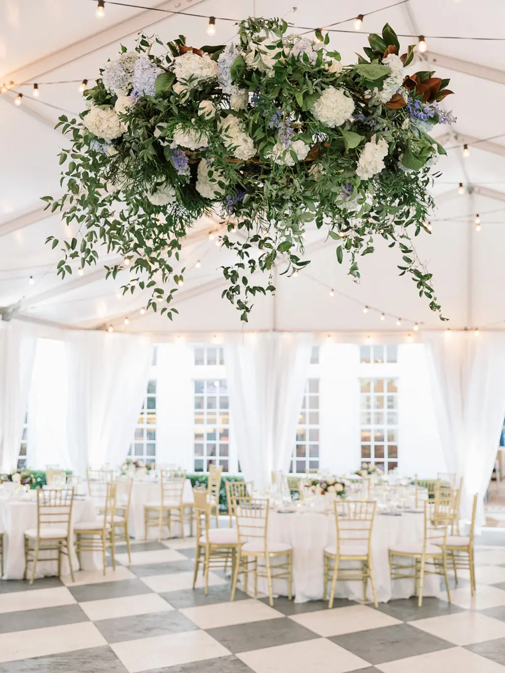 Hanging Floral Chandelier with Blue and White Hydrangeas and Greenery for Dance Floor | Tampa Bay Florida Save The Date Florida | Planner EventFull Weddings | Tampa Yacht and Country Club