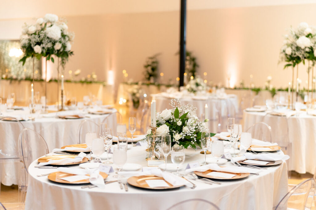 Classic White and Green Wedding Reception Decor Inspiration with Gold Accents | Ghost Chair Ideas | Ybor Kate Ryan Rentals | Venue Hotel Haya | Tampa Bay Planner Olive Tree Weddings