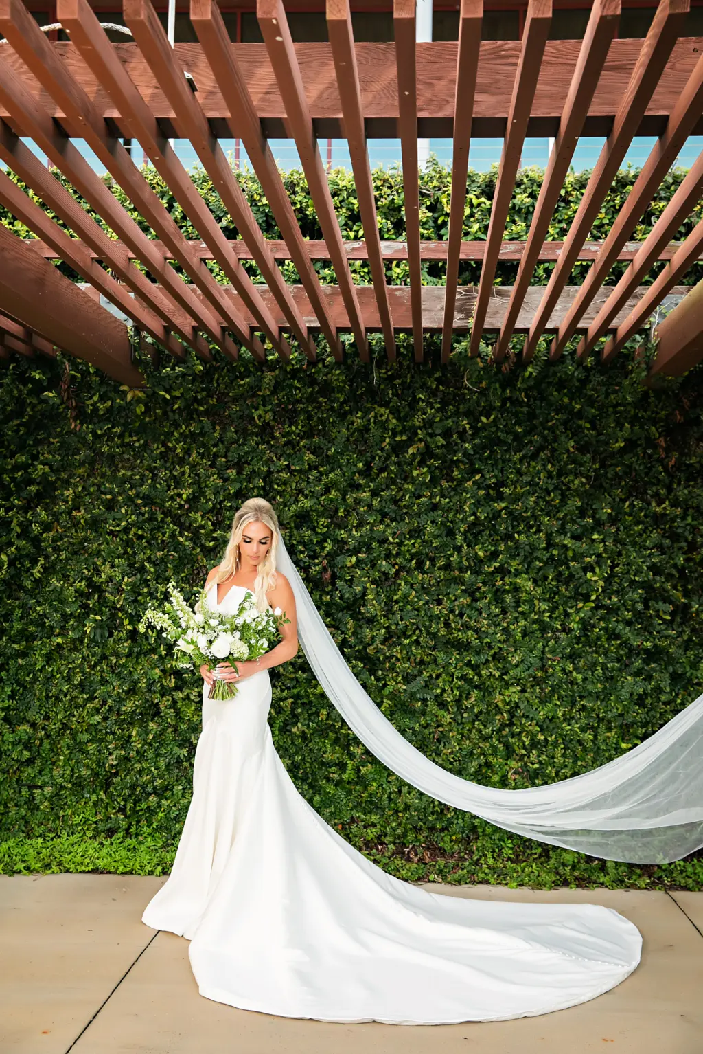 White Classic Satin Wedding Dress with Chapel Length Veil Inspiration | Tampa Bay Photographer Limelight Photography