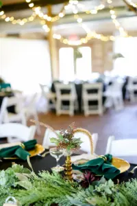 Dark Green Linen and Gold Chargers | Earthy Wedding Reception Inspiration